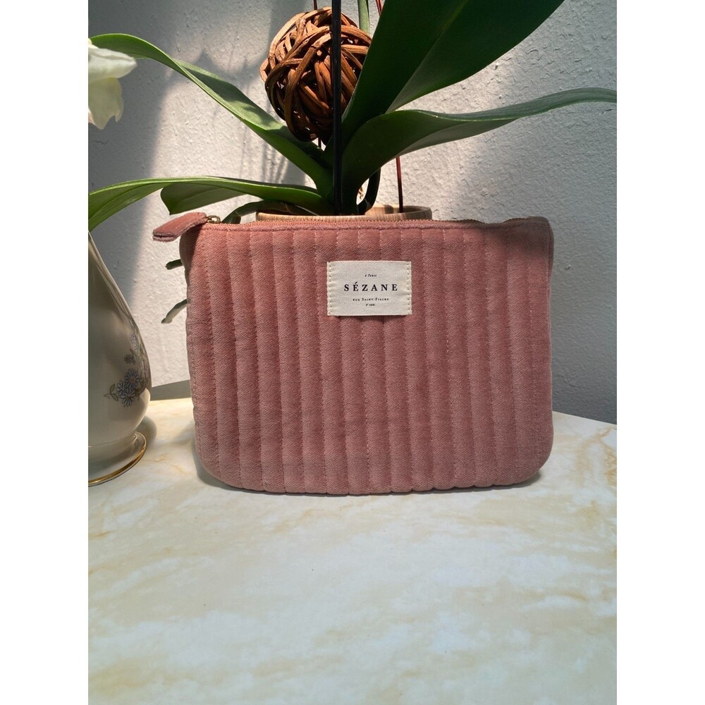 Rare Sézane Clutch Bag Womens Small Pink Cotton Quilted Striped Zip Pouch Lined
